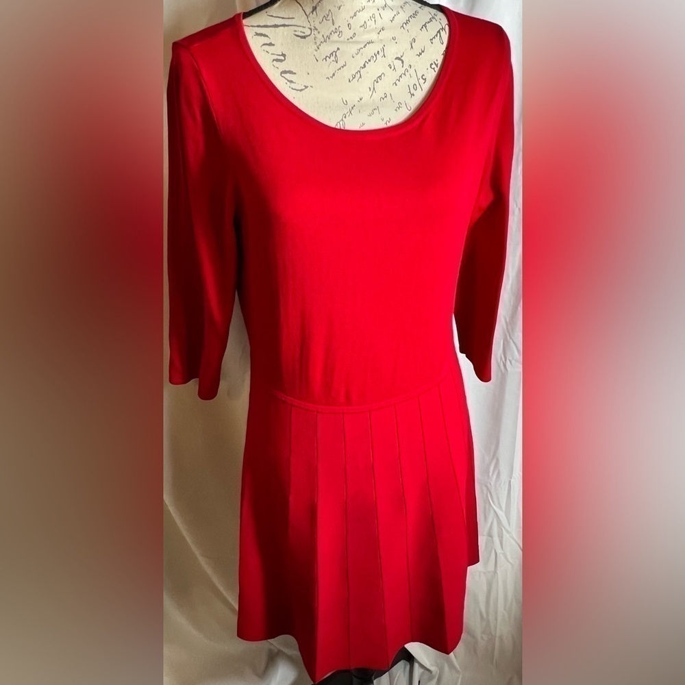 Ann Taylor Red Quarter Length Sleeves Textured Fit & Flare Sweater Dress Size L